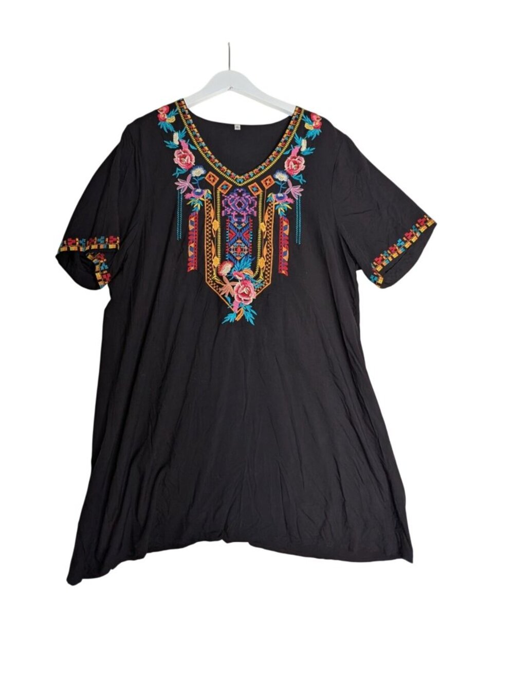 Boho Embroidered Black Mini Dress V Neck Short Sleeve Floral Casual Peasant XL S - Picture 12 of 13